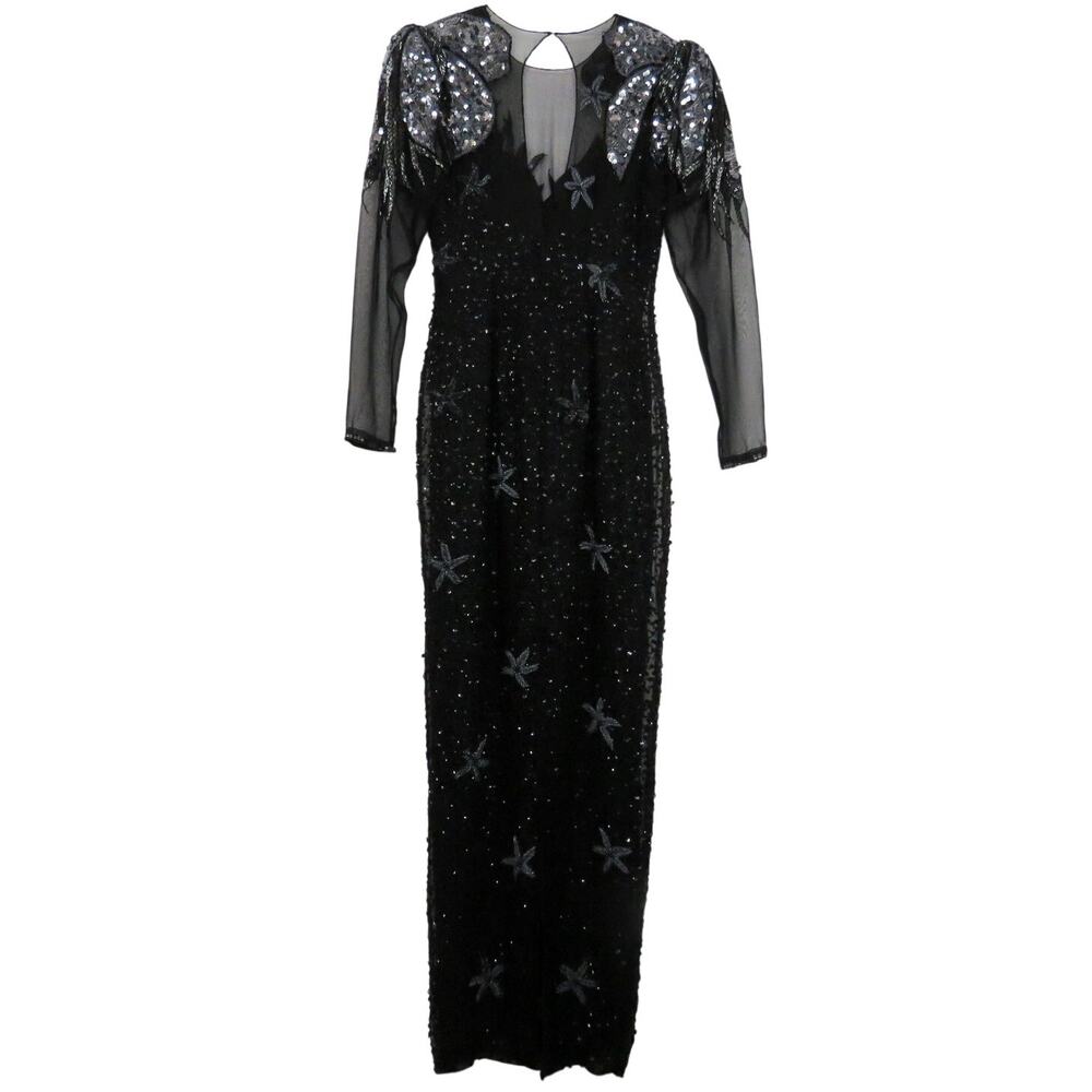 Sava Fashions 1970s Vintage Black Sequin Beaded Long Sleeve Dress Gown Small - Picture 5 of 8
